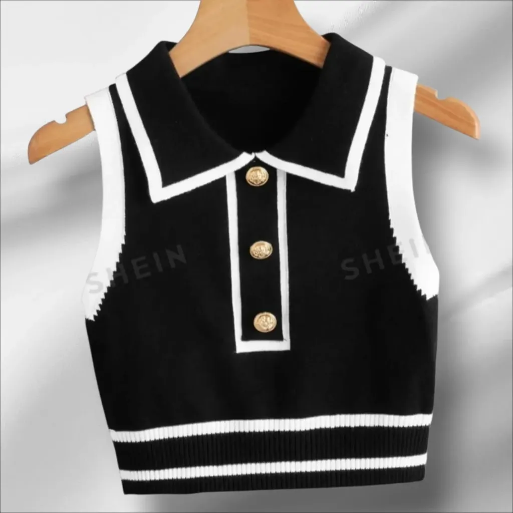 TOP DE PUNTO TIPO CHALECO CON CUELLO Y BOTONES DORADO